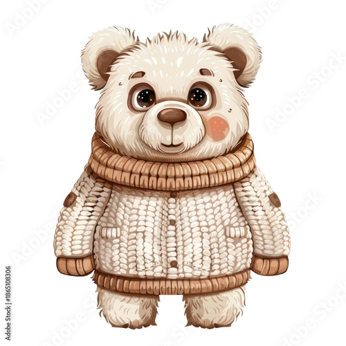 Cute teddy bear character wearing a knitted sweater in detailed cartoon illustration style isolated on transparent background