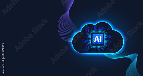 Glowing AI cloud icon with digital circuit lines on a dark background, for artificial intelligence, cloud computing, machine learning, data processing, and advanced technology innovation.