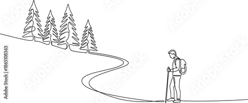 Continuous one line drawing of man hiker with backpack walking on mountain path with pine trees minimalist modern vector illustration
