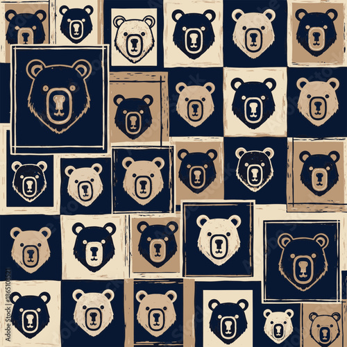 Rustic bear head seamless pattern with distressed texture. Stylized faces in cream, beige, and dark blue checkerboard, great for woodland designs