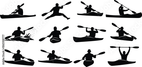 Kayak and Canoe Silhouette Vector Set Featuring Paddlers, Rowing Athletes, Outdoor Water Sports, River Adventure, Kayaking Icons, and Aquatic Recreation
