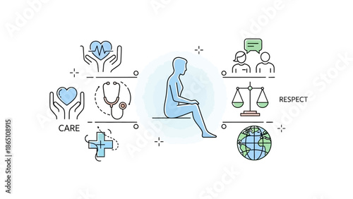 Meditating Person with Health and Ethics Symbols Page.