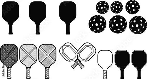 Pickleball Vector Set with Paddles, Perforated Plastic Balls, Silhouette Icons, Outline Designs, and Sports Equipment Graphics for Tournament and Club Branding