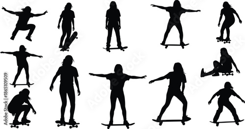 Skateboarder Silhouette Vector Set Featuring Skaters Performing Tricks, Longboarding Poses, Urban Extreme Sports, Street Culture Icons, Youth Lifestyle, and Athletic Figures