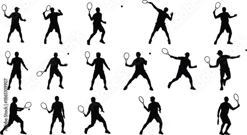 Tennis Player Silhouette Vector Set Featuring Male Athletes Serving, Hitting Forehand, Backhand Volleys, Sports Competition Icons, Racket Action Poses, and Training