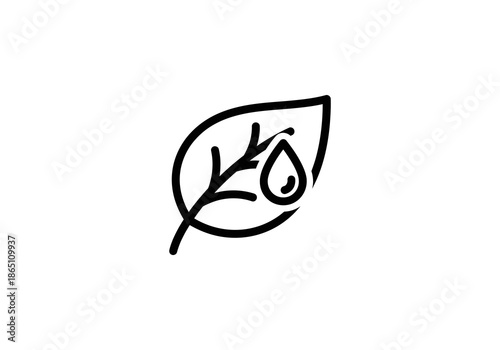 Vector Ilustration Concept Minimalist Leaf Outline with Water Drop, Black and White Icon, Simple Design.