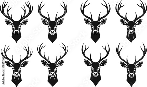 Stag and Deer Head Silhouette Icon Set with Majestic Antlers for Hunting and Wildlife Design.