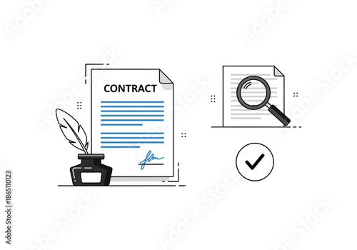 Vector Ilustration Concept Minimalist line art icons of a signed contract with a quill pen, document review with a magnifying glass, and an approval checkmark.