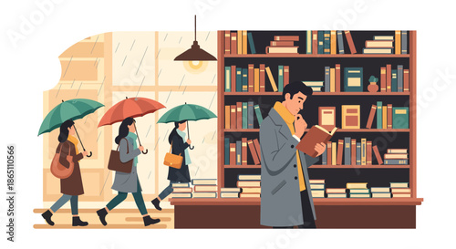 Bookstore Scene Man Reading People with Umbrellas and Bookshelves.