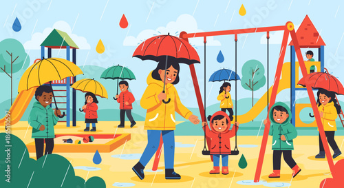 Children Playing in the Rain at a Playground with Umbrellas.