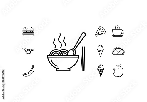 Vector Ilustration Concept Minimalist line icon of a steaming hot bowl of Asian noodles with a spoon and chopsticks.