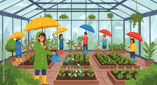 Greenhouse Gardening Under Umbrellas A Rainy Day Activity.