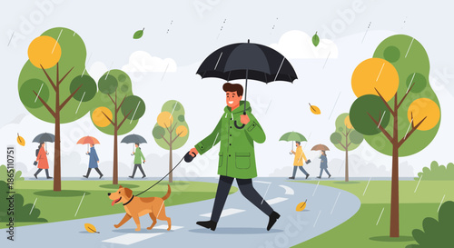 Man and Dog Walking in the Rain with Umbrella in Park.