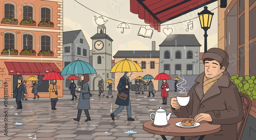 Man enjoying coffee at an outdoor cafe on a rainy day.