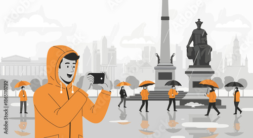 Man in orange hoodie taking photo in rainy city.