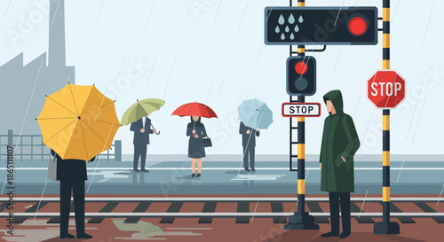 Rainy Day at the Railroad Crossing People with Umbrellas.