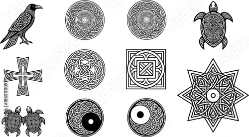 Celtic Sacred Geometry Symbol Vector Collection with Raven Turtle Yin Yang Mandala Cross Esoteric Spiritual Mystical Decorative Design Elements