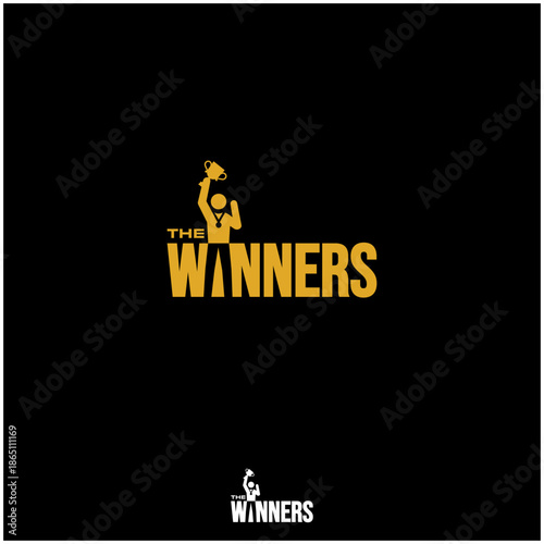 The Winner Wordmark Logo  - The winner celebrate his victory by lifting the trophy, at letter i.