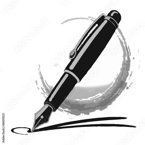 Black fountain pen writing on white background with ink swirl  