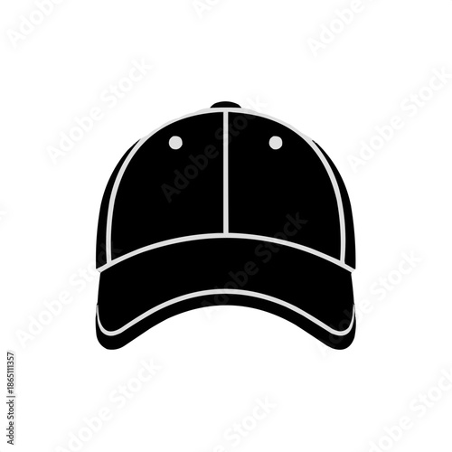 Black baseball cap front view in minimalist illustration style  