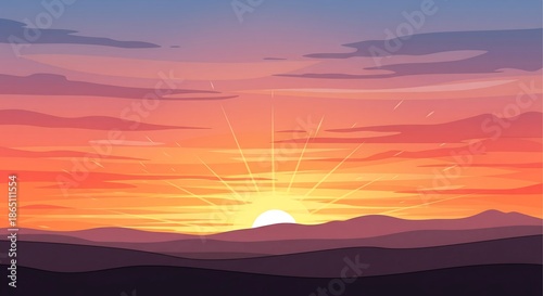 Pixel Art Sunrise Over Distant Mountains With Colorful Sky And Sun Rays