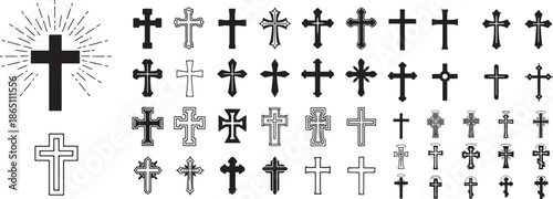 Christian cross icon set. Religion and faith symbols with Latin cross silhouettes. Clean modern stock vector illustration