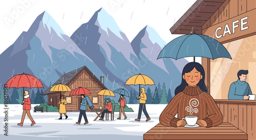 Woman enjoying coffee at a cafe on a rainy day.