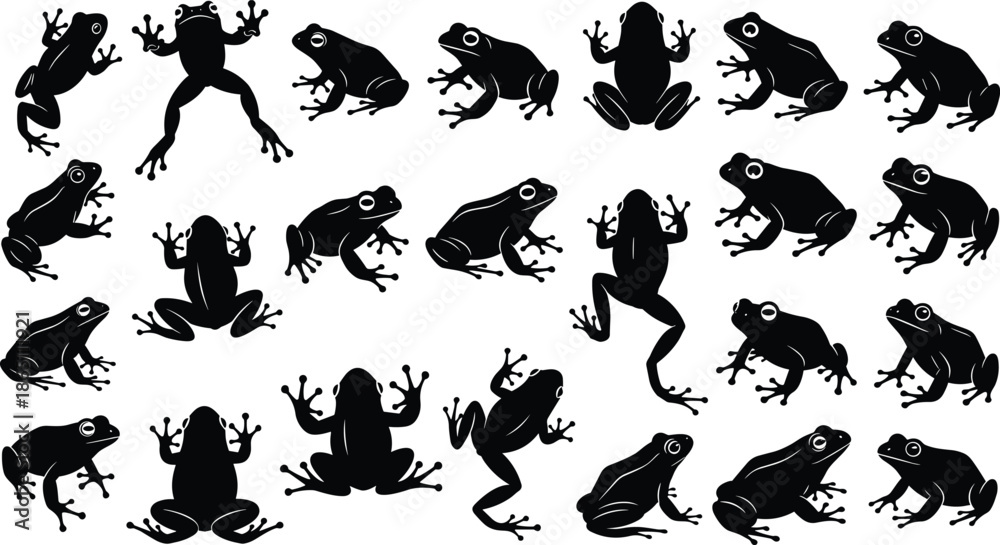 Fototapeta premium Frog Silhouette Vector Set Featuring Tree Frogs, Toads, Amphibian Icons, Jumping Poses, Tropical Nature Wildlife, Pond Animals, and Aquatic Life Graphics