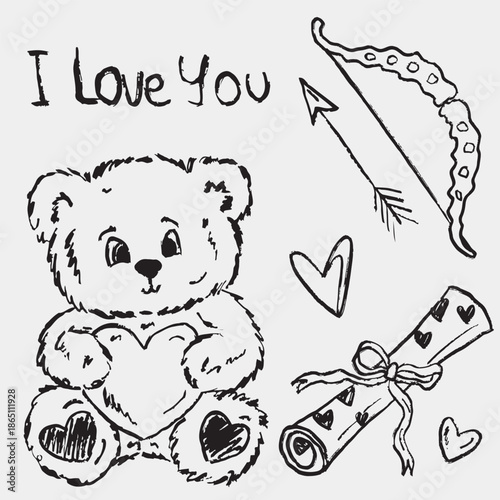Hand drawn plush bear with heart, bow with arrow, secret love letter. Happy Valentines Day set. I love you concept. Vector sketch illustration in vintage crayon charcoal style