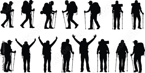 Hiking Silhouette Vector Set Featuring Backpackers with Trekking Poles, Mountain Climbers, Outdoor Travelers, Walking Tourists, Nature Adventure Figures, and Wilderness Exploration