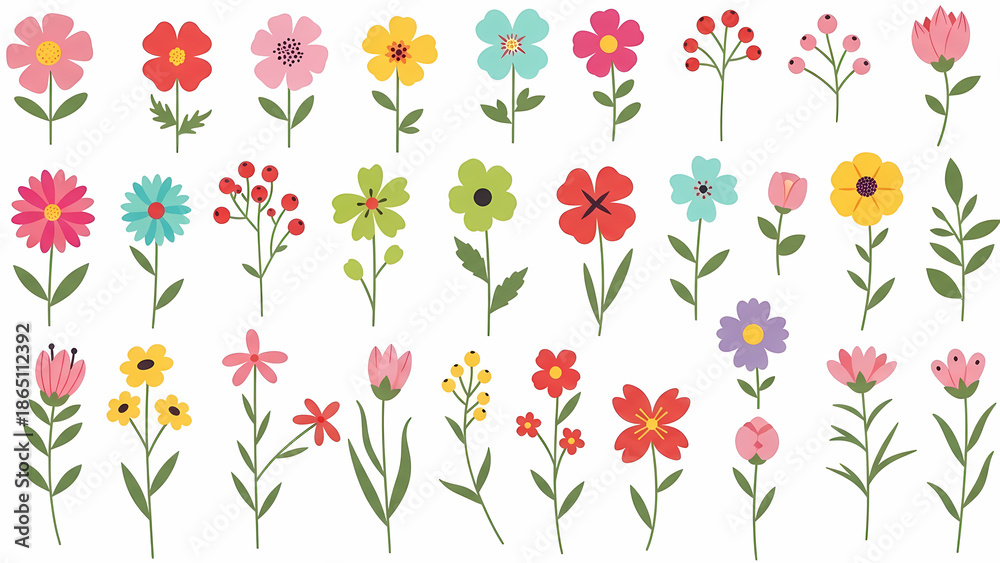 Obraz premium Colorful Flower Set Vector Illustrations, Floral Elements, Spring Design