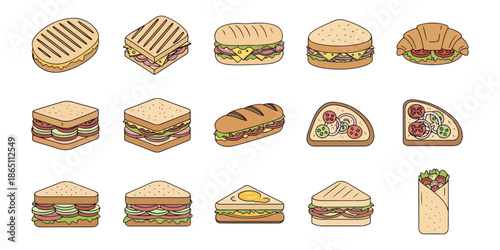 Assortment of various sandwich types isolated on black background