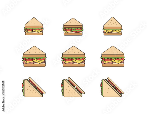 Illustrated sandwiches assorted gourmet food items on dark background