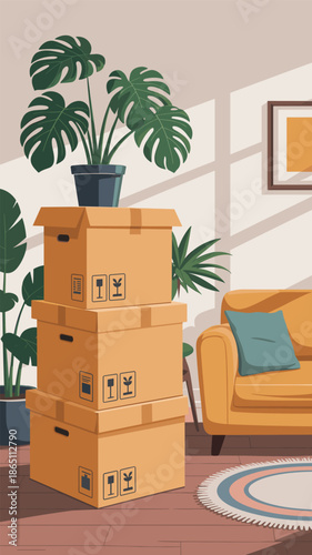 Moving Day Essentials Stacked Cardboard Boxes in a Cozy Apartment, moving house concept