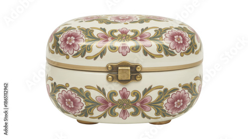 Oval shaped decorative floral jewelry box with gold clasp isolated on a transparent background