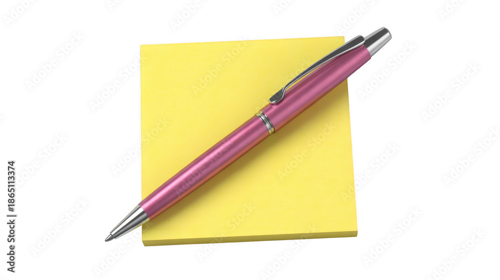 Naklejka premium Pink Pen on Yellow Sticky Note Closeup stationery office supplies isolated on a transparent background