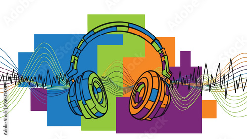 Music-themed urban mural vector with oversized abstract headphones, rhythmic lines, and bold color blocks in graffiti style, perfect for modern music posters, wallpapers, and creative advertising