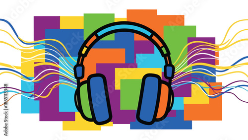 Music-themed urban mural vector with oversized abstract headphones, rhythmic lines, and bold color blocks in graffiti style, perfect for modern music posters, wallpapers, and creative advertising