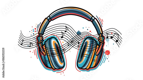 Music-themed urban mural vector with oversized abstract headphones, rhythmic lines, and bold color blocks in graffiti style, perfect for modern music posters, wallpapers, and creative advertising