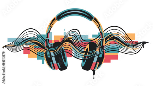 Music-themed urban mural vector with oversized abstract headphones, rhythmic lines, and bold color blocks in graffiti style, perfect for modern music posters, wallpapers, and creative advertising