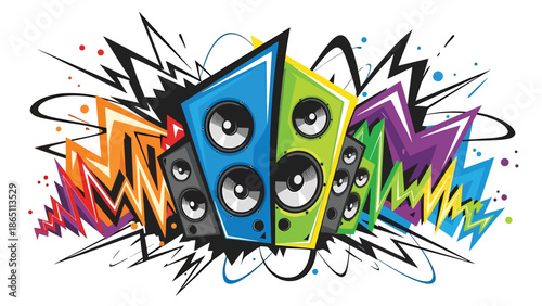 Urban graffiti-inspired mural vector illustration featuring abstract speakers, vibrating sound energy, and dynamic motion lines, flat design ideal for music wallpapers, posters, and digital creative