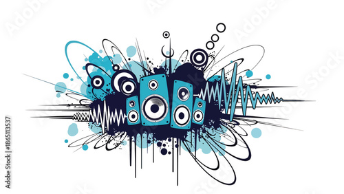 Urban graffiti-inspired mural vector illustration featuring abstract speakers, vibrating sound energy, and dynamic motion lines, flat design ideal for music wallpapers, posters, and digital creative