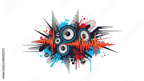 Urban graffiti-inspired mural vector illustration featuring abstract speakers, vibrating sound energy, and dynamic motion lines, flat design ideal for music wallpapers, posters, and digital creative