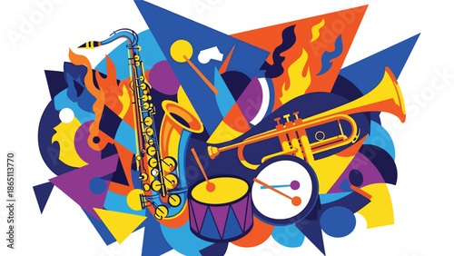 Urban mural vector illustration blending abstract musical instruments with geometric shapes and energetic graffiti composition, flat design suitable for music posters, wallpapers, and creative project