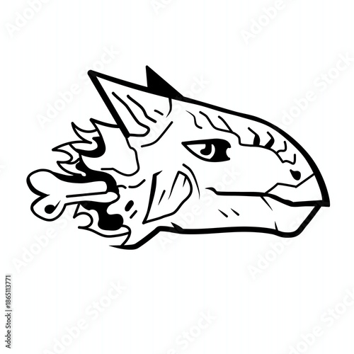 A detailed black-and-white drawing of a dragon head with thick outlines, bony features, and a rugged, battle-worn appearance.