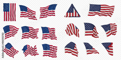 Collection of American flags in various waving and folded shapes, representing patriotism and national identity.