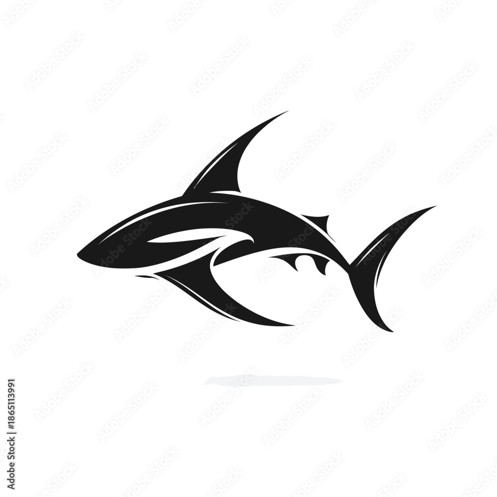 Obraz premium Stylized black shark silhouette on white background for design elements