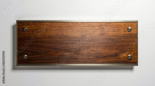 Blank Wooden Door Sign Plaque with Polished Metal Frame and Silver Screws for Office Wall Signage Mockup