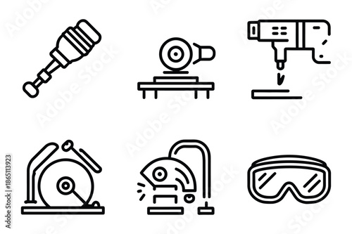 Power Tools and Construction Safety Equipment Line Icon Set