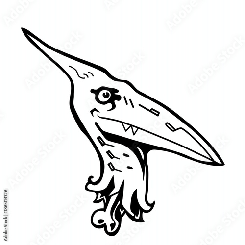 A stylized black-and-white illustration of a bird-like dragon with a long pointed beak, sharp teeth, and flowing feather-like details.